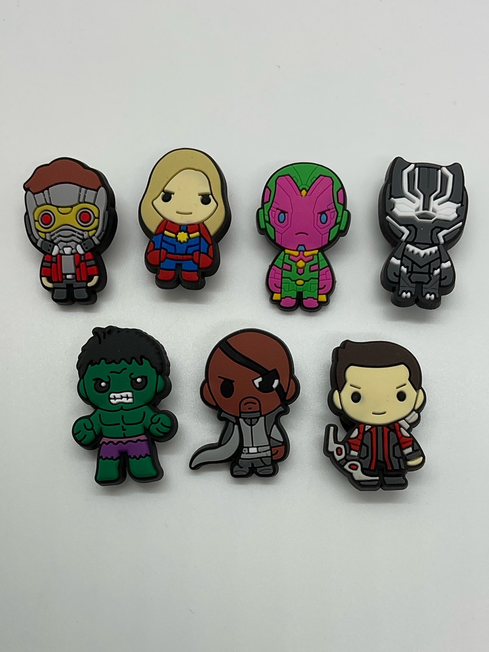 MARVEL SUPERHEROES CROCS Rubber Shoe Charms- Set of 7 (Black Panther, Hulk, etc)